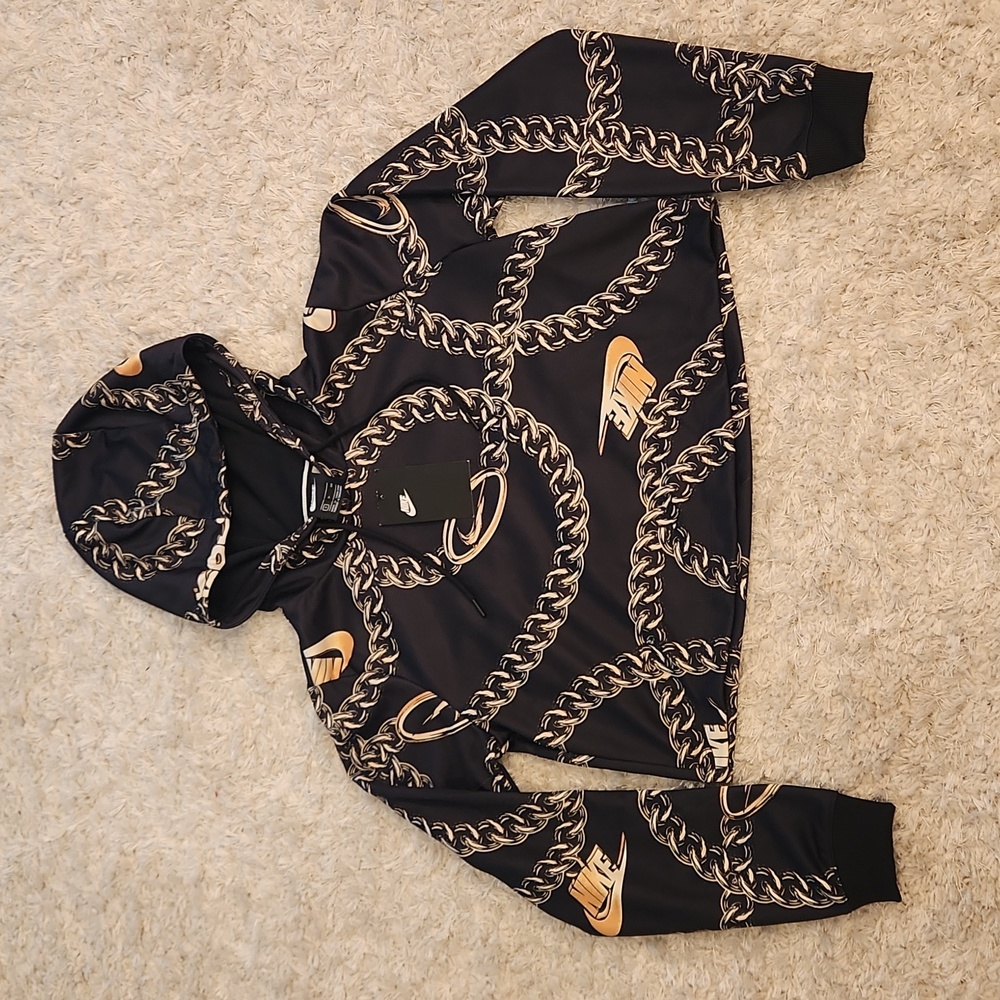 NWT NIKE WOMENS BLACK GOLD CHAIN CROP TOP HOODIE SWEATER  SMALL